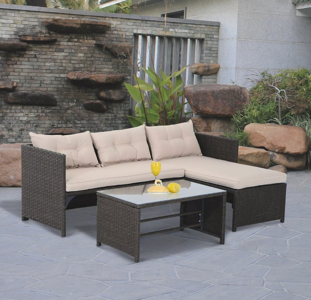 3PC Brown Patio Rattan Wicker Sofa Set Cushined Couch Furniture Outdoor Garden