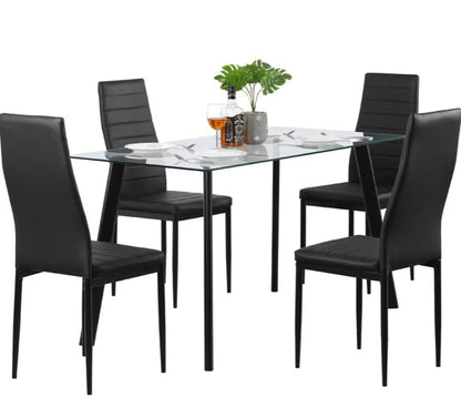 5PCS Modern White Tempered Glass Dining Set with 4pcs PVC Leather Chairs Transparent & Creamy (Black)
