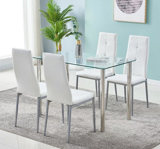 Dining Set Transparent Glass Table 4 Chairs Of Diamond Button Kitchen Furniture