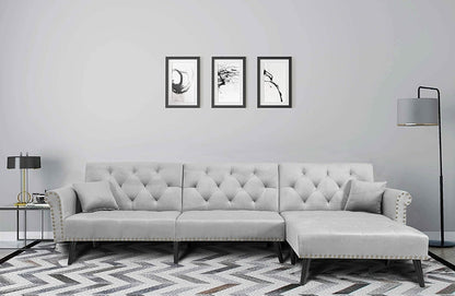 3-Seat Sofa Bed Set L-Shape Sleeper Couches Sectional Sofa Couch Set Convertible Sofa Velvet Sleeper Adjustable Back Corner Sofa w/Extra Wide Chaise Lounge Lounge, Light Grey