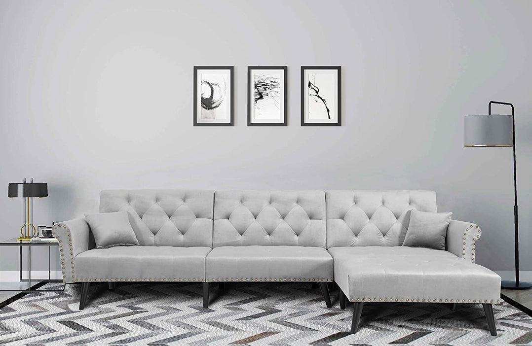 3-Seat Sofa Bed Set L-Shape Sleeper Couches Sectional Sofa Couch Set Convertible Sofa Velvet Sleeper Adjustable Back Corner Sofa w/Extra Wide Chaise Lounge Lounge, Light Grey