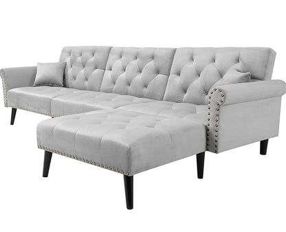 3-Seat Sofa Bed Set L-Shape Sleeper Couches Sectional Sofa Couch Set Convertible Sofa Velvet Sleeper Adjustable Back Corner Sofa w/Extra Wide Chaise Lounge Lounge, Light Grey