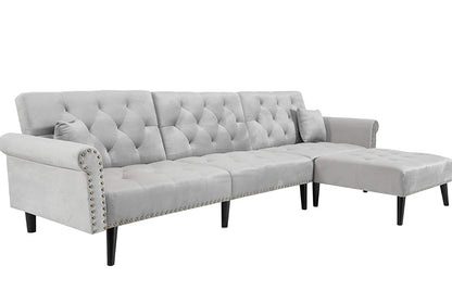 3-Seat Sofa Bed Set L-Shape Sleeper Couches Sectional Sofa Couch Set Convertible Sofa Velvet Sleeper Adjustable Back Corner Sofa w/Extra Wide Chaise Lounge Lounge, Light Grey