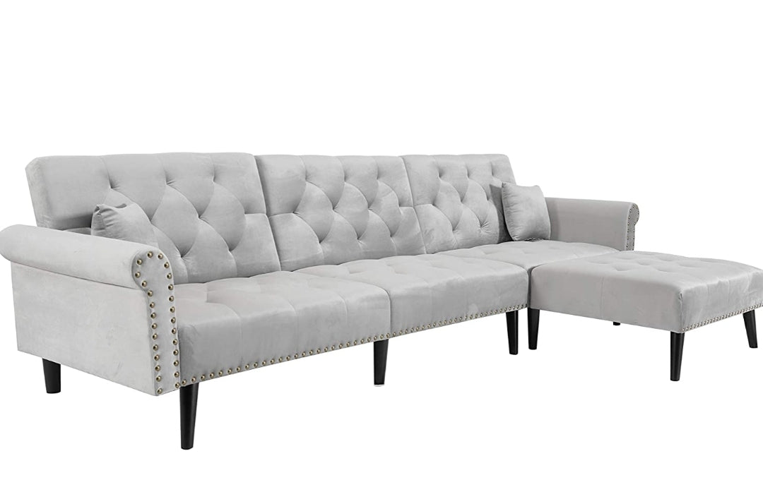 3-Seat Sofa Bed Set L-Shape Sleeper Couches Sectional Sofa Couch Set Convertible Sofa Velvet Sleeper Adjustable Back Corner Sofa w/Extra Wide Chaise Lounge Lounge, Light Grey