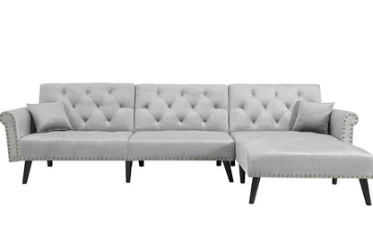 3-Seat Sofa Bed Set L-Shape Sleeper Couches Sectional Sofa Couch Set Convertible Sofa Velvet Sleeper Adjustable Back Corner Sofa w/Extra Wide Chaise Lounge Lounge, Light Grey