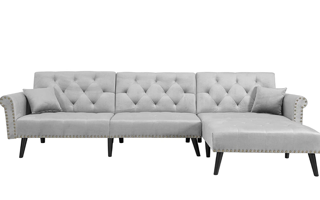 3-Seat Sofa Bed Set L-Shape Sleeper Couches Sectional Sofa Couch Set Convertible Sofa Velvet Sleeper Adjustable Back Corner Sofa w/Extra Wide Chaise Lounge Lounge, Light Grey