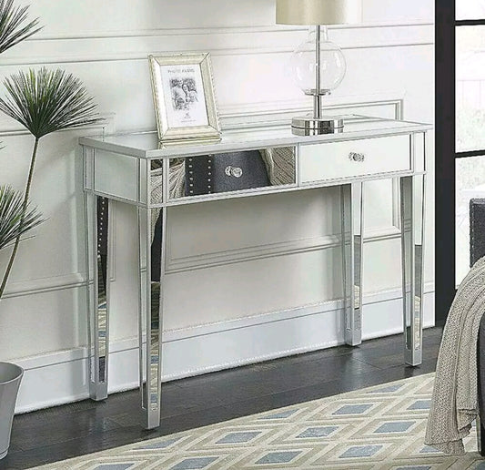 2 Drawer Mirrored Vanity Make-Up Desk Console Dressing Silver Glass Table Modern