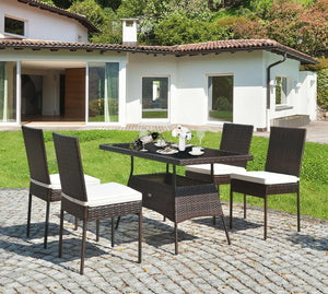 5PCS Rattan Patio Dining Table & Chair Set Outdoor Furniture Set w/ Cushion