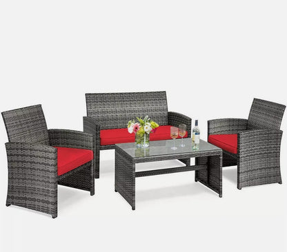 4PCS Patio Rattan Furniture Set Conversation Glass Table Top Cushioned Sofa Red