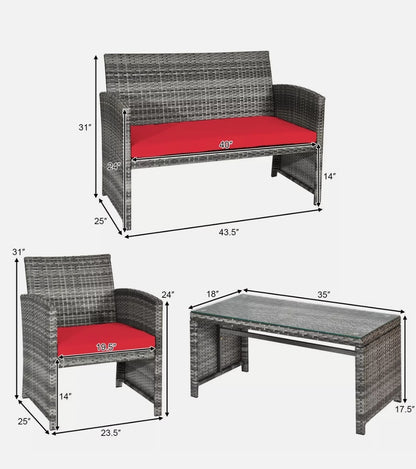 4PCS Patio Rattan Furniture Set Conversation Glass Table Top Cushioned Sofa Red