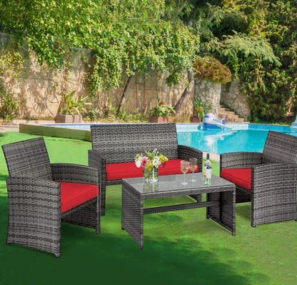 4PCS Patio Rattan Furniture Set Conversation Glass Table Top Cushioned Sofa Red