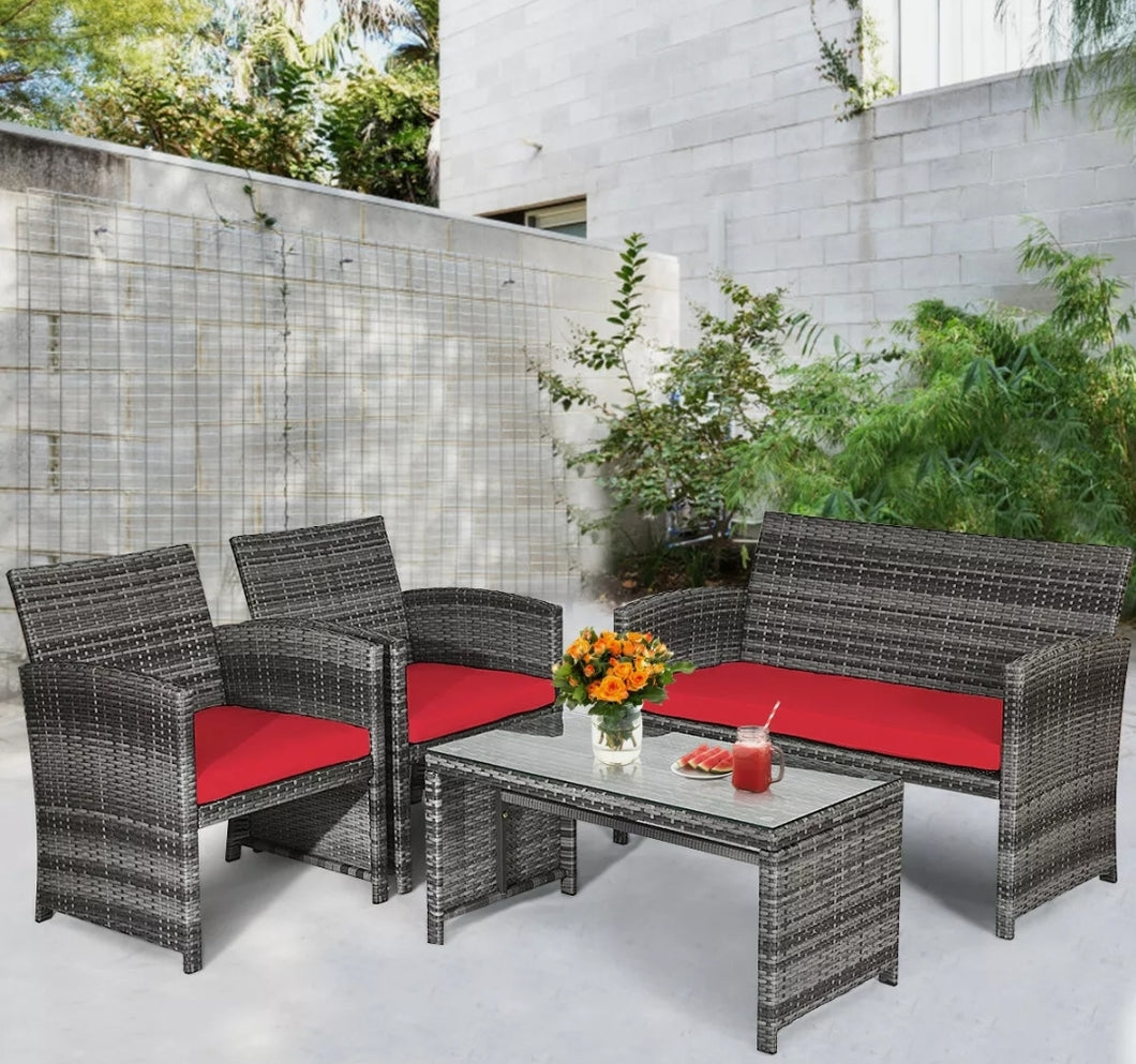 4PCS Patio Rattan Furniture Set Conversation Glass Table Top Cushioned Sofa Red