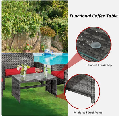 4PCS Patio Rattan Furniture Set Conversation Glass Table Top Cushioned Sofa Red