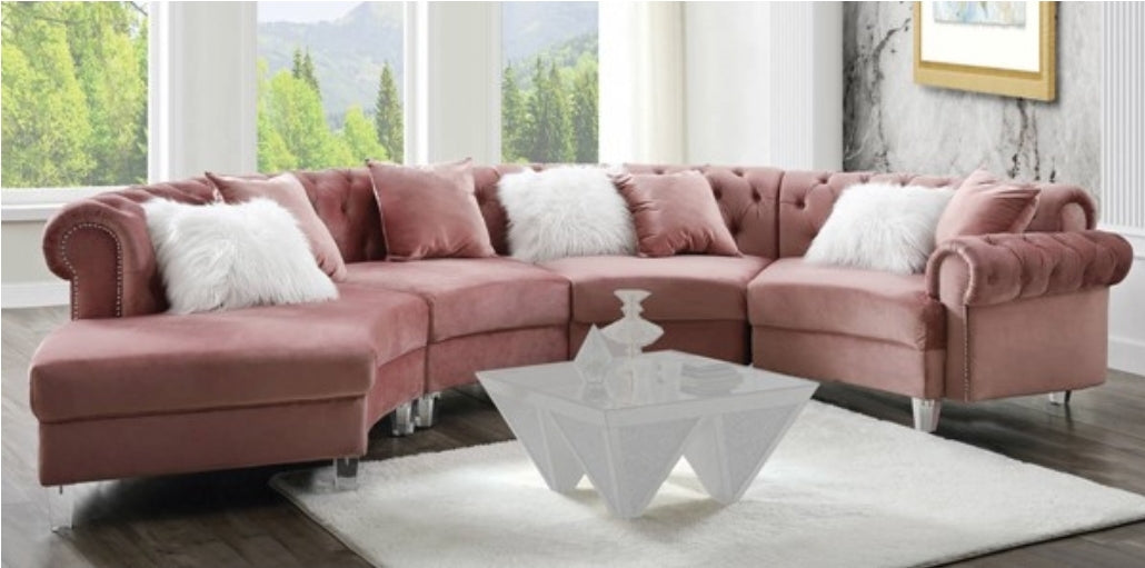 Pink Sectional Sofa with 7 Pillows