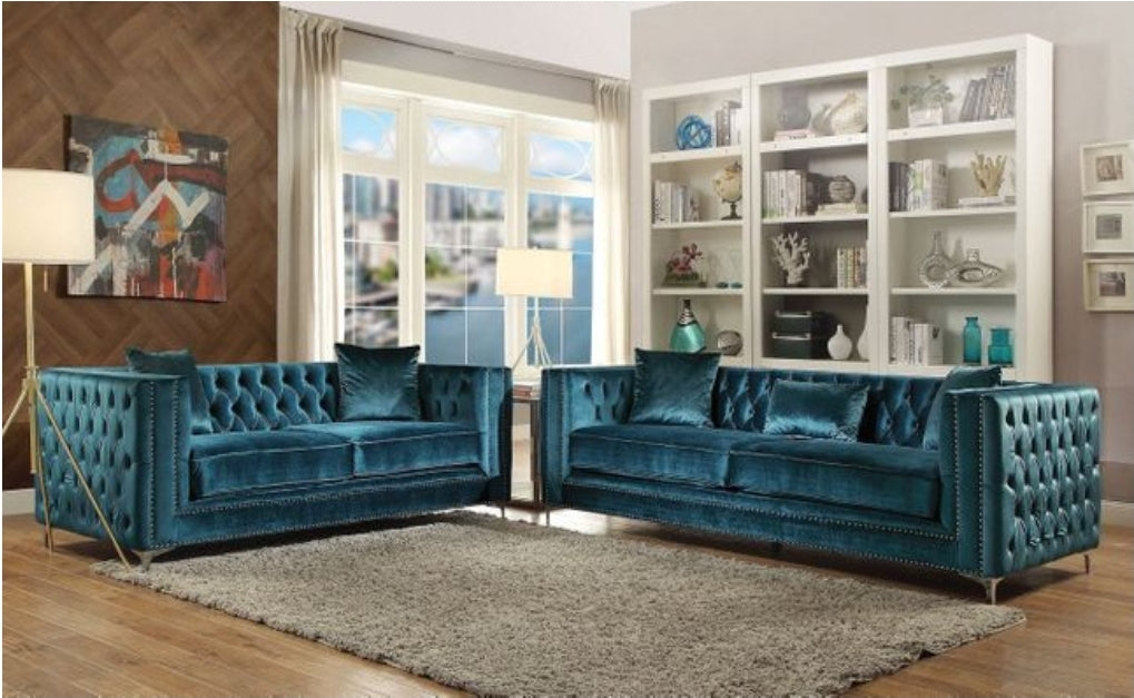 Contemporary Dark Teal Tufted Velvet Loveseat with Silver Accents