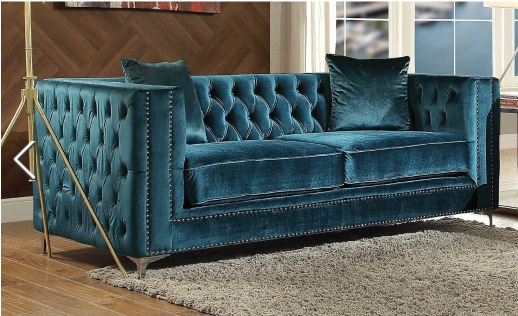 Contemporary Dark Teal Tufted Velvet Loveseat with Silver Accents