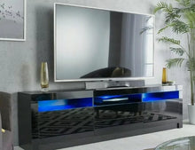 Load image into Gallery viewer, 78&quot;  Black TV Cabinet Stand Matt Body High Gloss Doors for 90 inch TV LED lights 22&quot;(h)
