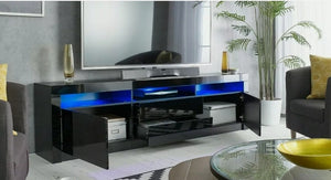 78"  Black TV Cabinet Stand Matt Body High Gloss Doors for 90 inch TV LED lights 22"(h)