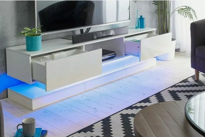 70" White TV Cabinet Stand Matt Body High Gloss Doors for 80 inch TV LED lights 18"(h)