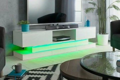 70" White TV Cabinet Stand Matt Body High Gloss Doors for 80 inch TV LED lights 18"(h)