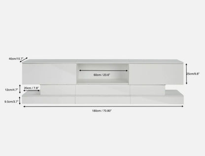 70" White TV Cabinet Stand Matt Body High Gloss Doors for 80 inch TV LED lights 18"(h)