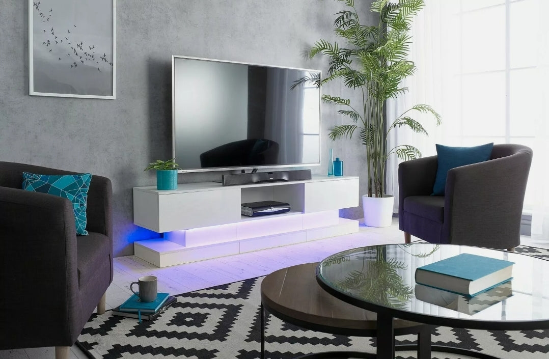 70" White TV Cabinet Stand Matt Body High Gloss Doors for 80 inch TV LED lights 18"(h)