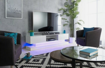 70" White TV Cabinet Stand Matt Body High Gloss Doors for 80 inch TV LED lights 18"(h)