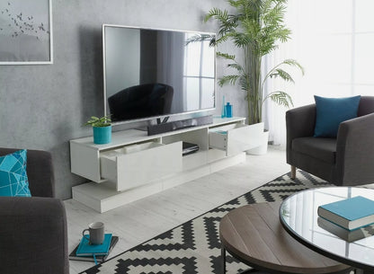 70" White TV Cabinet Stand Matt Body High Gloss Doors for 80 inch TV LED lights 18"(h)