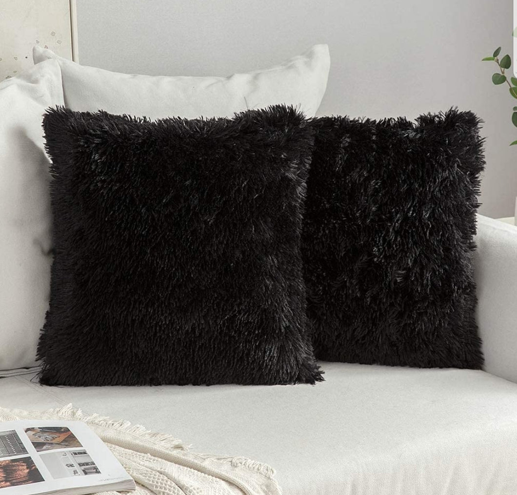 Black Pack of 2 Luxury Faux Fur Fluffy Throw Pillow Covers