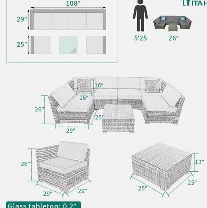 7pcs Outdoor Patio Sofa Gray Wicker / Gray