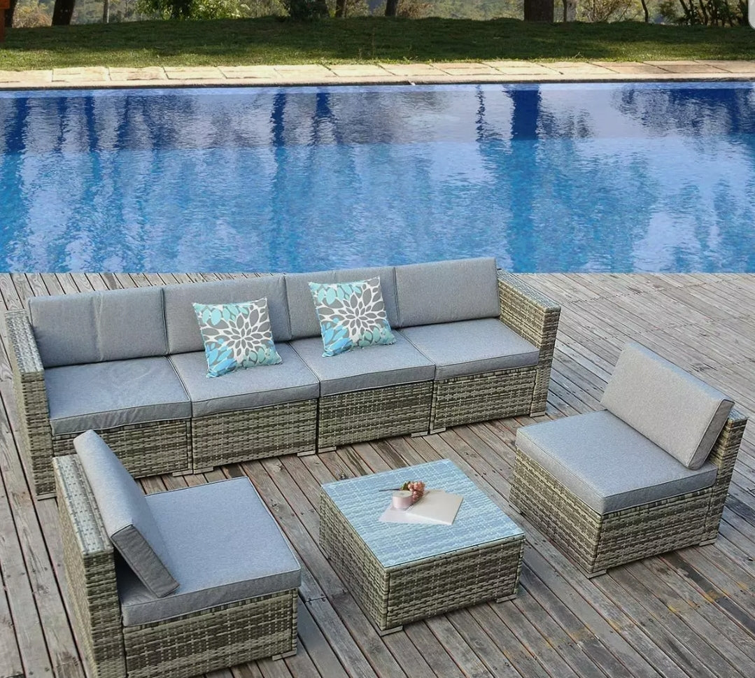 7pcs Outdoor Patio Sofa Gray Wicker / Gray