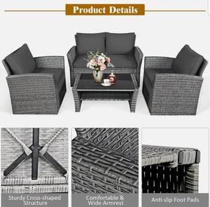 4PCS Patio Rattan Furniture Set Sofa Table W/ Shelf Gray Cushion