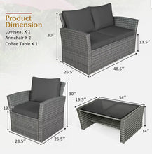 Load image into Gallery viewer, 4PCS Patio Rattan Furniture Set Sofa Table W/ Shelf Gray Cushion
