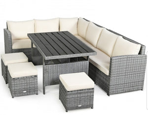 7 Pcs All-Weather Patio Rattan Dining Furniture Sectional Sofa Set with Wicker Ottoman and Cushed Couch