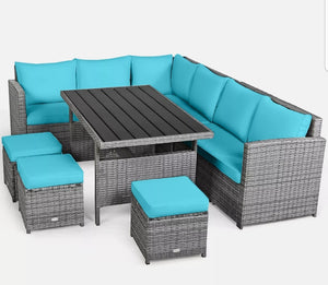 7PCS Rattan Patio Sectional Sofa Set Conversation Set w/ Turquoise Cushions