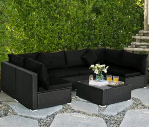 7PCS Rattan Patio Conversation Set Sectional Furniture Set w/ Black Cushion