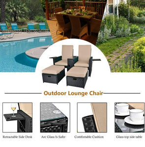 5PCS Outdoor Wicker Chaise Lounge Chair - Rattan Adjustable Reclining Patio Lounge Chair with Ottoman and Coffee Table, for Patio Beach Pool Backyard (Black Wicker Khaki Cushion