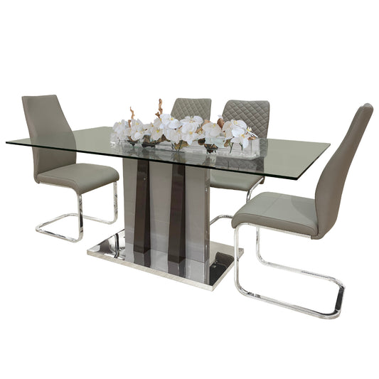 5Pcs Dining Set Champagne/Dark Brown Dining Table, MDF High Gloss, Stainless Steel Base, Tempered glass Top, Modern Living Room T-530