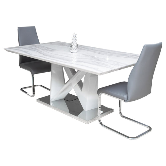 T-951 Faux Marble Modern Dining Table, MDF, Stainless Steel Base, Luxury Living Room Available In Gray, White, Black Chairs
