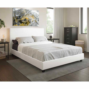 White Modern Platform Bed, Upholstered PU Leather, Bed, Solid Wooden Slats Support, Twin-Full-Queen