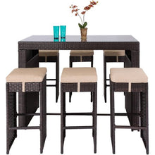 Load image into Gallery viewer, 7-Piece Outdoor Rattan Wicker Bar Dining Patio Furniture Set w/ Glass Table Top, 6 Stools - Brown

