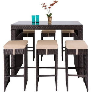 7-Piece Outdoor Rattan Wicker Bar Dining Patio Furniture Set w/ Glass Table Top, 6 Stools - Brown