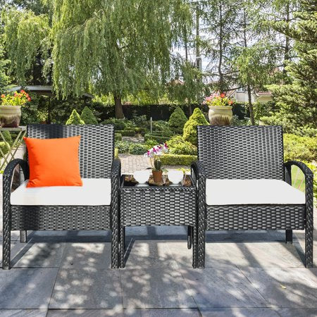 3 Pieces Rattan Wicker Furniture Set Seat Cushioned Patio Garden Outdoor with Beige Cushions