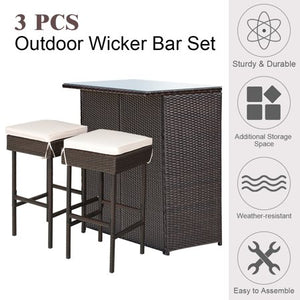 3-Piece Brown Patio Rattan Wicker Bar Table Stools Dining Set with Beige Cushions