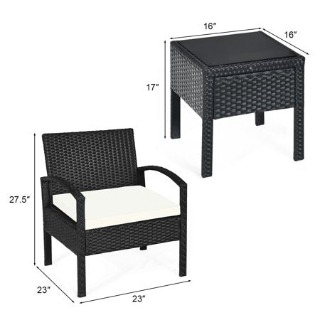 3 Pieces Rattan Wicker Furniture Set Seat Cushioned Patio Garden Outdoor with Beige Cushions