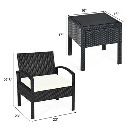 3 Pieces Rattan Wicker Furniture Set Seat Cushioned Patio Garden Outdoor with Beige Cushions