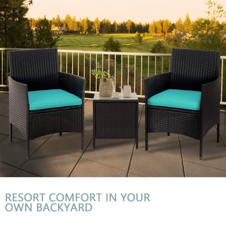 3-Piece Patio Outdoor Bistro Furniture Set, All-Weather Black Wicker Chairs and Glass Side Table, Blue Cushion