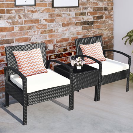 3 Pieces Rattan Wicker Furniture Set Seat Cushioned Patio Garden Outdoor with Beige Cushions
