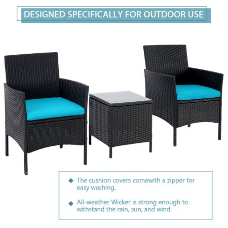 3-Piece Patio Outdoor Bistro Furniture Set, All-Weather Black Wicker Chairs and Glass Side Table, Blue Cushion