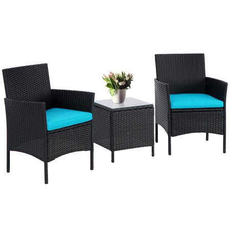 3-Piece Patio Outdoor Bistro Furniture Set, All-Weather Black Wicker Chairs and Glass Side Table, Blue Cushion